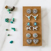 Ensemble de boucles d'oreilles cloutées pour femmes, style western vintage, motif tête de taureau turquoise et croix en forme de cœur, pour cowgirls, bijoux