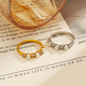 Stainless Steel <b>Ring</b> 18k Gold Plated <b>Titanium</b> Steel With Diamonds And Pearls Geometric Shape Unisex Gift Jewelry - Product Image 3