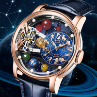 Montre mécanique squelette automatique de luxe pour homme, signes du zodiaque et éléments du système solaire, design planétaire ajouré