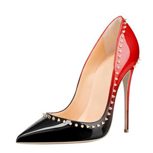 Zapatos de Tacón Alto Stiletto con Punta Puntiaguda y Tachuelas, Color Rojo Degradado a Negro, Talla Grande 46, Zapatos de Mujer Sólidos y Sexys - Product Image 1
