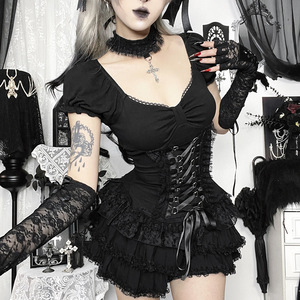 Gothic Lace Trim Puff Sleeve Blouse <strong>Women</strong> Outfits Embellished Square Neck Shirt Bandage Lace up <strong>Halloween</strong> <strong>Top</strong> - Product Image 2