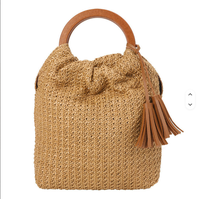 Sac seau en paille tressé avec anse supérieure en bois, décorations à pompons et cordon de serrage, sac à main pour femme, idéal pour l'été, la plage, les loisirs et le quotidien