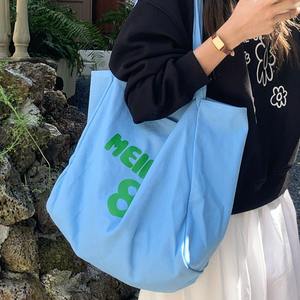 Canvas Tote Bag For Women Blue White Letter Print Large Capacity Shoulder Bag Everyday Use Summer 2024 - Product Image 1