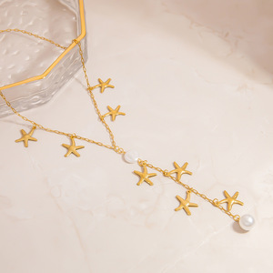 Collier de perles à motif étoile, couleur or 18 carats, chaîne de clavicule, pour femme, à porter au quotidien, thème océan, design géométrique - Product Image 2