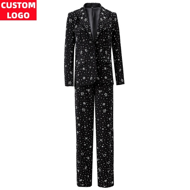 Custom High Quality Luxury Rhinestone Mid-Long Blazer Long Wide Leg Pants Formal Evening Suit Set