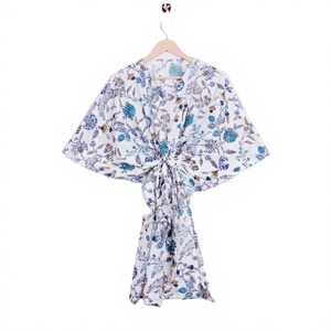 Indian Women's Short Cotton Eco-friendly Floral V-neck Sleeveless Caftan Dress Natural Waist Bikini Cover-Up for Moms Beach - Product Image 1