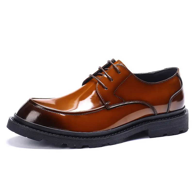 Chaussures décontractées d'affaires 37-46 chaussures formelles en cuir brillant à lacets britanniques Derby chaussures pour hommes à semelle épaisse et à bout rond