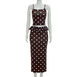 Viviblook Y26ST248 Women Summer Skirt Set New Polka Dot Sexy Sleeveless <b>Suspender</b> Tank Top Split Maxi Skirt Two Piece Set - Product Image 1