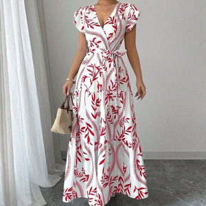 Vestidos Elegantes de Playa para Mujer, con Lazos Delanteros, Dobladillo con Volantes, Manga Corta, Estampado Floral, Corte en A, a la Moda - Product Image 2