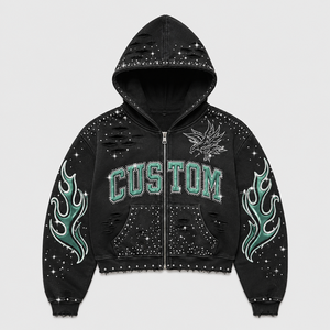 เสื้อฮู้ดดี้ซิป OEM 450Gsm แบบฟอกสี ทรงหนา ตกแต่งด้วยลายกราฟิกปักคริสตัลสไตล์วินเทจ ทรงครอป ทรงบ็อกซี่ สตรีทแวร์ แบบสั่งทำพิเศษสำหรับผู้ชาย - Product Image 1