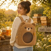 Sac à dos Ita fantaisie motif ourson miel, tirette de fermeture éclair pot de miel, breloque cuillère à miel, doublure imprimée abeille, sac à bandoulière confortable thème doux et chaleureux