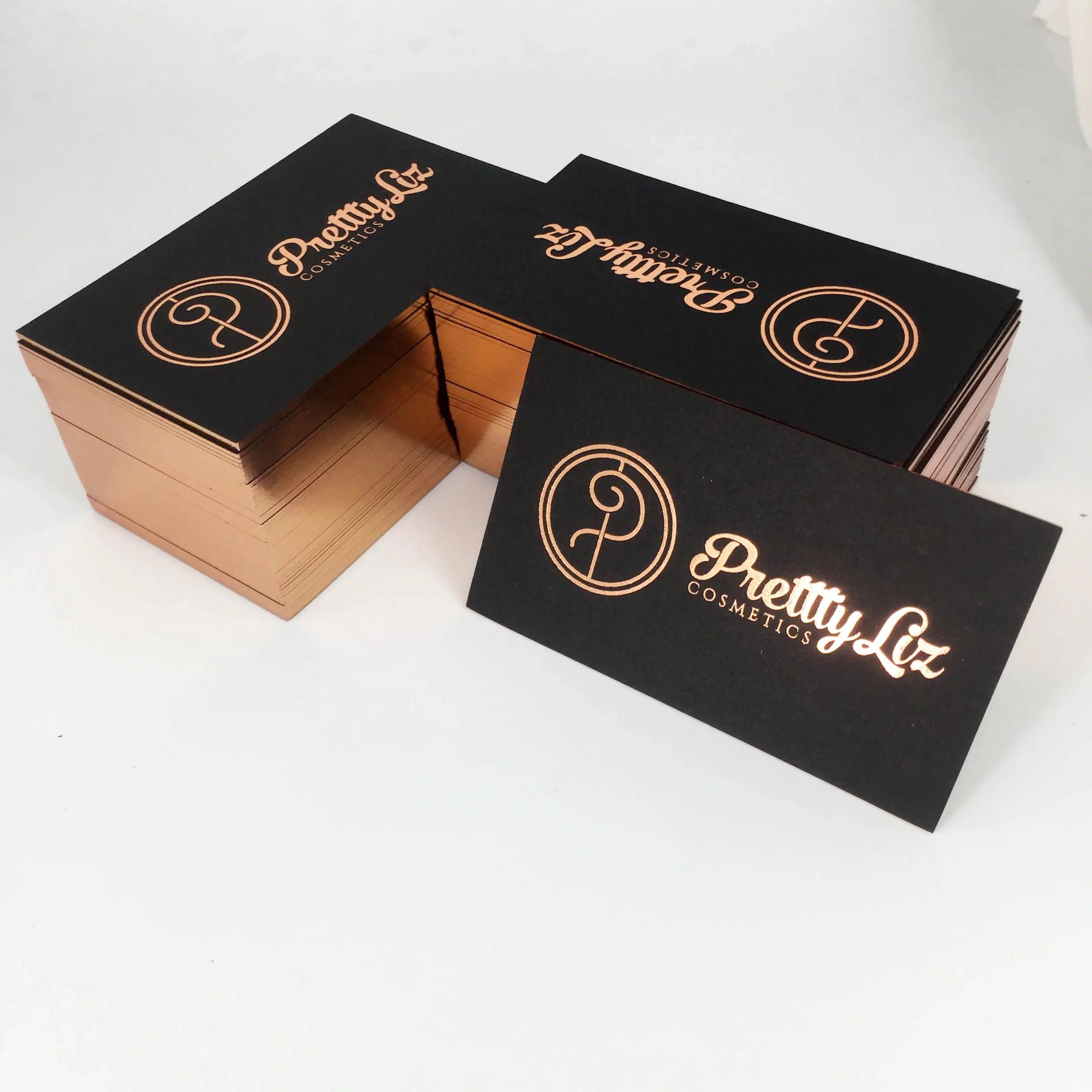 Printing Custom Rose Gold Foil Emboss Logo Foil Edge Cardboard Thick Paper Luxury Black Business Card Printing