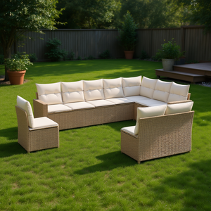 Ensemble de canapés de jardin en rotin beige, 10 places, mobilier d'extérieur, design contemporain, pieds réglables - Product Image 2