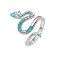 Anillo Abierto de Serpiente con Esmalte Azul Vintage Brillante y Adorno de Cristal, Chapado en Plata sobre Latón, Joyería de Moda para Uso Diario
