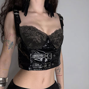 Top en dentelle à découpes, style streetwear sombre et décontracté, pour femmes, doux et sexy, façonnant la poitrine, taille ajustée, boucle en métal, chemisier en cuir - Product Image 5