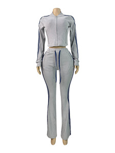 Viviblook Z1209ST10 Ensemble de survêtement pour femme en velours, veste cardigan zippée, pantalon évasé à cordon de serrage et rayures latérales, deux pièces, grandes tailles - Product Image 2