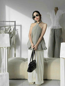 Conjunto de Top Halter con Lazo y Pantalones de Pierna Ancha, Largo, Liso/Con Estampado de Puntos, Transpirable, Elegante, Corte Regular, Servicio OEM - Product Image 5