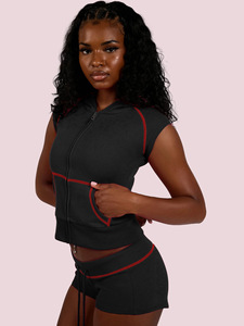 SY26021 Set da <span class=keywords><strong>Donna</strong></span> <span class=keywords><strong>in</strong></span> Maglia Waffle per Loungewear, Felpa Corta con Zip e Pantaloncini a Zampa, <span class=keywords><strong>Abbigliamento</strong></span> Estivo Femminile, Set 2 Pezzi - Product Image 2
