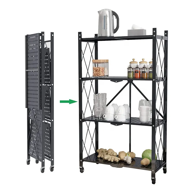 Garage Keuken 4-Tier Metalen Draad Vrijstaande Vouwen Plank Keuken Rack Opvouwbare Plank Voor Kelder Pantry