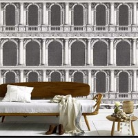 Papier peint non tissé gris vintage motif arche de singe, esquisse architecturale européenne, pour bureau