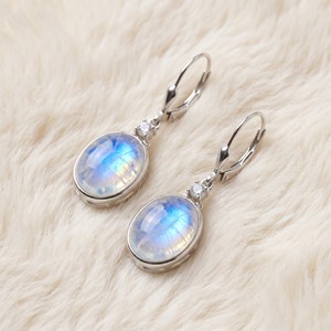 Boucles d'oreilles pendantes ovales en argent plaqué avec pierre de lune et petit zircon, fermoir à levier, pour femmes, bijoux en pierres précieuses, vente en gros OEM/ODM - Product Image 2