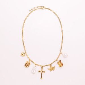 Designer oro 18k in acciaio inox PVD placcato oro molti charm cupido piccolo orso croce perla ciondolo collana a catena gioielli - Product Image 2