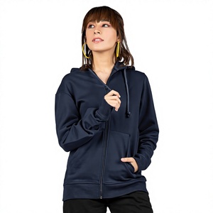 <b>Women's</b> <b>Navy</b> Blue Zip-Up <b>Hoodie</b> Full Sleeve Solid Color Cotton Knitted Autumn Wear - Product Image 1
