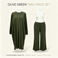 Ensemble ample vert fumé avec pantalon large et poches boutonnées, style abaya modeste pour femmes musulmanes, idéal pour le quotidien