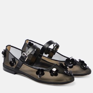 Scarpe da ballo 2025 nuova <span class=keywords><strong>punta</strong></span> tonda nera in Mesh traspirante Ballerina con paillettes floreali borchiate da donna scarpe basse Mary Jane - Product Image 1