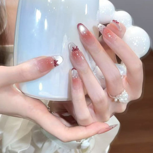 Faux ongles à presser, rose nude, œil de chat, dégradé rouge, nœud, faits à la main, couverture complète, faux ongles français à presser avec des languettes adhésives, vente en gros - Product Image 2