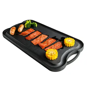 Wholesale 50CM Custom Pre-seasoned Outdoor Cookware Cast Iron Reversible Grill Griddle BBQ Grill Plate With Handle