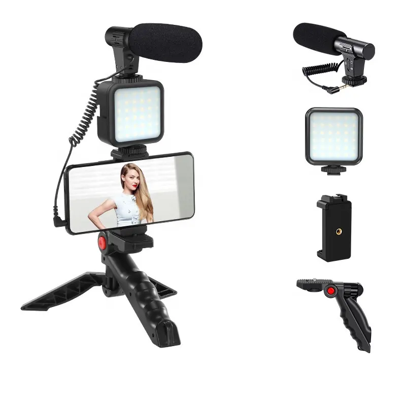 Smartphone Video Kit Microphone LED Light Tripod Holder Live Vlogging YouTube TikTok Mini Microphone Light Photographic Lighting