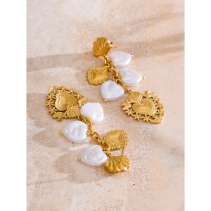 Jinyune oro 3194 placcato in PVD in acciaio inossidabile gioielli di fascino manuale da donna in francia perle artificiali cuore amore orecchini pendenti - Product Image 4