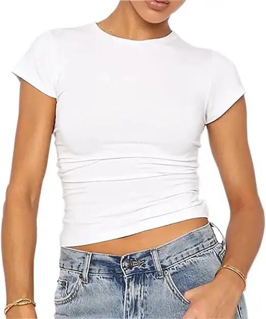 Damen Sommer Kurzarm Cute Crop Tops Casual Basic Crewneck Slim Fit T-Shirts