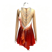 Robe de patinage artistique dégradé blanc-orange-rouge, asymétrique à une épaule, manches longues, dos ouvert avec chaîne, ornée de strass, jupe irrégulière