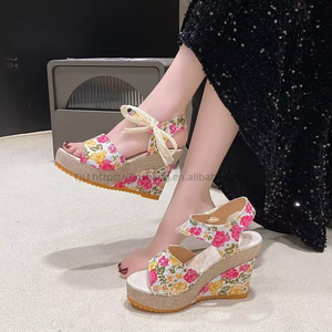 Hot Sale Trendy New Bohemian Fashion Wedge Lace Print Fish Mouth Sandals for Women - Product Image 1