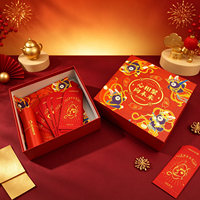 Coffret Cadeau Nouvel An Rouge et Or, Boîte Rigide Carrée avec Illustration de Dessin Animé, Boîte Intérieure Caractère Fu et Ensemble Festival du Nouvel An avec Enveloppes Rouges
