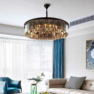 Round Grey Crystal Pendant Light Luxury Black <b>Chandelier</b> with Crystal for <b>Living</b> <b>Room</b> Middle Sized - Product Image 1