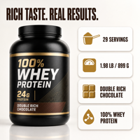 Poudre de protéines de lactosérum 100% Double Rich Chocolate 24g de protéines 5.5g de BCAA Aliment naturel de qualité alimentaire pour adultes OEM Marque privée