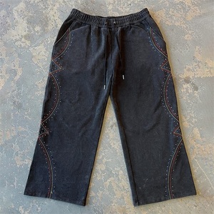 Pantalon de survêtement en coton épais unisxe surdimensionné à jambe droite pantalon de survêtement Baggy lavé vintage avec strass personnalisé pour hommes - Product Image 2