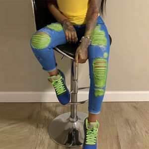 <strong>Women</strong> High Waist Skinny <strong>Jeans</strong> Holes Streetwear Denim Pencil Pants Female <strong>Yellow</strong> Ripped <strong>Jeans</strong> - Product Image 1