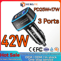 Pengisi Daya Mobil Cepat 42W PD25W 3-Port Tipe-C - Pengisi Daya Rokok Mobil Universal Multi-Protokol 3-in-1 Pengisi Daya Mobil Khusus Ponsel