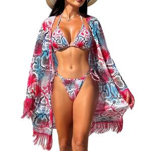 Vendita calda Sexy da donna costume da bagno a tre pezzi con stampa lunga Bikini brasiliano a righe con motivo animale stile da spiaggia - Product Image 1