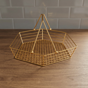 <b>Gold</b> Plated Stainless Steel Wire <b>Storage</b> <b>Basket</b> Polygon Shape Minimalist Kitchen Organizer Single Tier Handle - Product Image 1