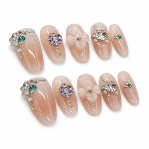 Uñas Postizas Acrílicas con Brillo Rosa, Diseño de Flores con Perlas y Diamantes de Imitación, 10 Piezas para Mujer - Product Image 2