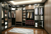 Armoire sur mesure pour projet de villa haut de gamme, penderie multifonctionnelle avec espace de présentation de sacs à main et éclairage LED intégré