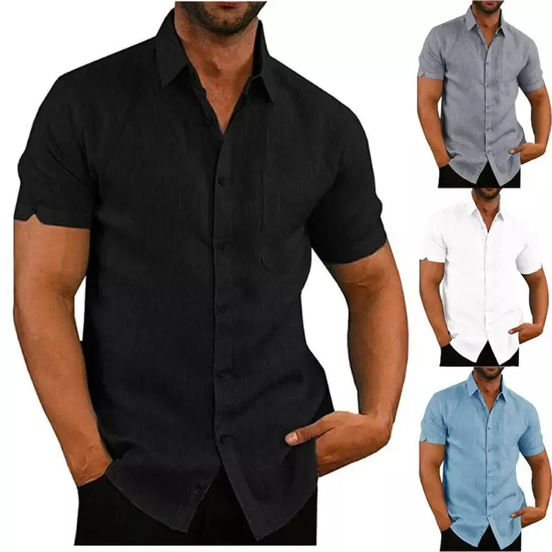 الفاخرة الرجال قصيرة الأكمام بدوره إلى أسفل طوق قمصان عارضة فضفاض قميص كتان بلوزة قمم الصدر جيب تصميم أسود أبيض رمادي أزرق
