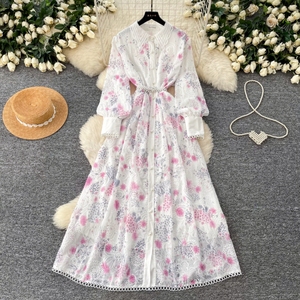 Abito da Donna Floreale Francese Elegante a Vita Alta con Maniche Lunghe - Vestito Casual Chic da Donna - Product Image 2