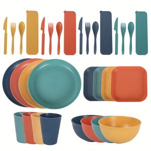 Ensemble de 32 pièces de vaisselle en paille de blé, portable et durable, comprenant couteaux, fourchettes, cuillères, tasses, bols et assiettes recyclés RPET - Product Image 1