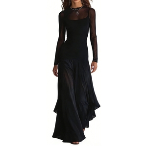 Vestido largo de malla negra para mujer - Manga transparente, bajo asimétrico, estilo gótico, ropa de mujer, moda - Product Image 1
